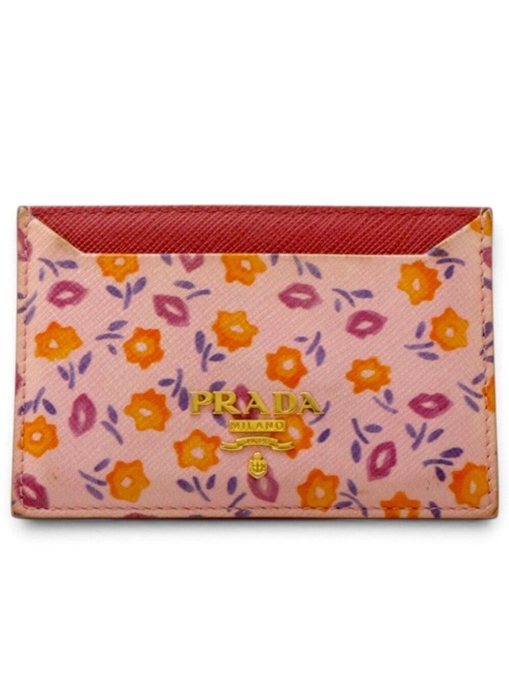 Prada Pink Floral Saffiano Card Holder Wallet with Gold Logo